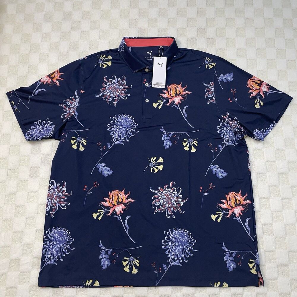 Puma Polo Shirt Men’s XXL Blue Performance Golf Floral Summer Print Mattr New